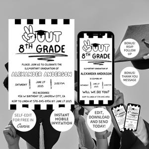 Invito modificabile per la laurea di terza media, invito per la laurea "Peace Out" per la terza media, invito per la laurea di terza media, laurea di scuola elementare, in bianco e nero