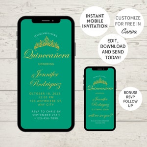 Editable Emerald Green Quinceanera Invitation: Western Theme (Digital)