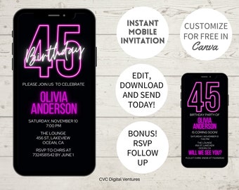 Editable 45Th Birthday Invitation For Her, Electronic Women Birthday Party Invite, 45Th Birthday Party Invite, Pink Birthday Party Invite