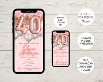 Veertig verjaardagsuitnodiging, 40e verjaardag uitnodigen, veertigste e-invite-sjabloon, sms-uitnodiging, digitale uitnodiging, mobiele telefoon Evite