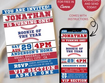 Editable Baseball 1st Birthday Invitation: Rookie of the Year (Digital)