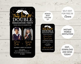 Twins Graduation Party Invitation: Photo Evite Template (Digital Download)