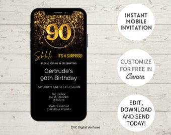 Redigerbar guldfärgad 90-årsinbjudan: Överraskningsfest (digitalt)