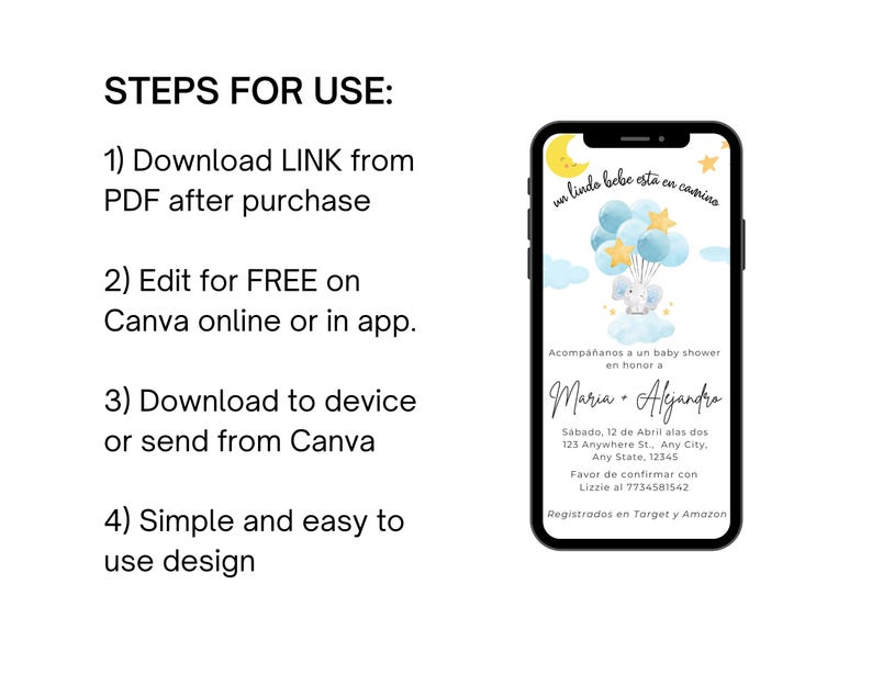 Editable Elephant Baby Shower Invitation Spanish, Elephant Invitation