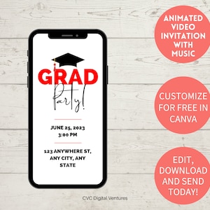 Digital Red and Black Graduation Invitation, Class 0f 2023 Invite, Grad Party Evite With Photo, Announcement Grad, Animated Video Template
