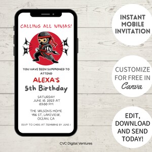 Ninja Kids Birthday Party Invitations, Ninja Birthday Invitation Template, Ninja Warrior Party, Editable Birthday Invitation