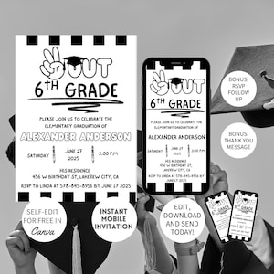 Faire-part modifiable pour l'obtention du diplôme de 6e année, Faire-part de remise de diplôme Peace Out pour la 5e année, Peace Out 5e année, l'obtention du diplôme du primaire, noir et blanc