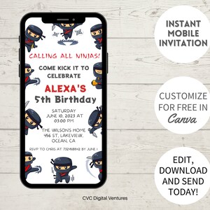Editable Ninja Birthday Invitation, Karate Birthday Party, Ninja Warrior Party, Text Message Invite, Smartphone Invite