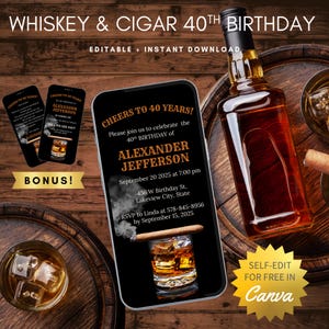 40th Birthday Invite Whiskey And Cigar - Men&#39;s Birthday Invitation, Bourbon & Cigar Night, Rustic Digital Invite, Editable Template