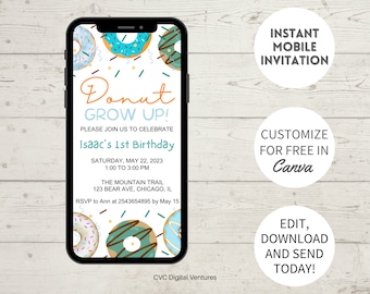 Bearbeitbare Donut-Geburtstagseinladung: Donut-Grow-Up-Thema (Digital)