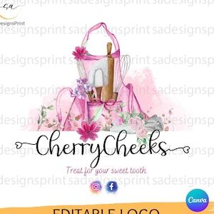 Logotipo de cozimento em aquarela editável para padeiros Logotipo de padaria DIY para confeitaria, monograma de cozimento, logotipo de avental rosa com modelo de cartão de visita gratuito