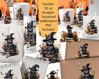 Watercolor witch cat png bundle Halloween cats png with Witchy Vibes Halloween skinny 20oz Tumbler Wraps bundle instant digital download