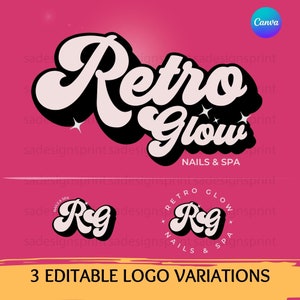 Editable Canva Logo Template Retro Logo DIY Fun Colorful Logo Design with 3 variations Funky Groovy retro logo spa Boutique Logo glam logo