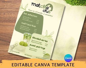 Matcha Cafe Menu Template, Editable Custom Menu, Dessert Shop Menu, Matcha Bar Price List, Printable Cafe Menu, morning menu, A4 size
