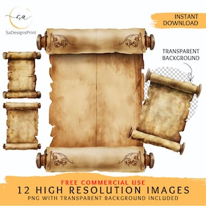 Op de afbeelding: Een verzameling perkamentrollen met een vintage uitstraling. De rollen hebben houten uiteinden en decoratieve krullen. De afbeelding bevat de tekst "INSTANT DOWNLOAD" en "TRANSPARENT BACKGROUND". De afbeelding bevat ook de tekst "12 HIGH RESOLUTION IMAGES".