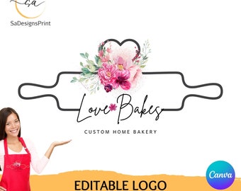 May include: Editable logo design for a home bakery called "Love Bakes" featuring a rolling pin with a heart-shaped floral arrangement in pink, white, and green.