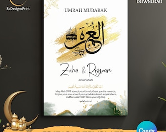 Regalo personalizzato per Umrah Mubarak Cornice personalizzata per Umrah Mubarak con nomi, download digitale stampabile, regalo di ritorno per Umrah, arredamento islamico per la casa