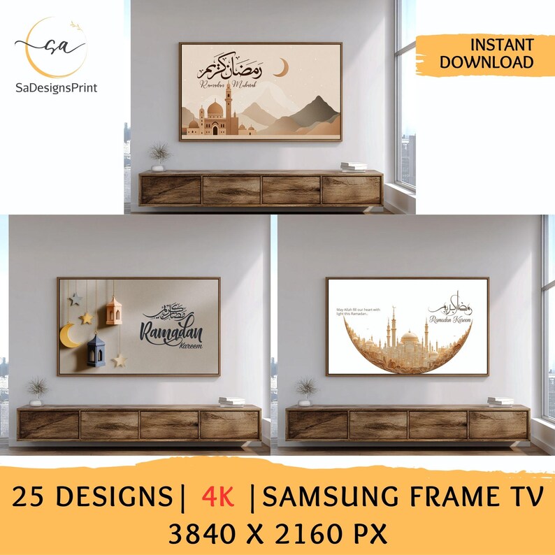 Ramadan Kareem Samsung Frame TV art bundle with 25 Islamic 4K digital wall art designs for Ramadan Mubarak home decor