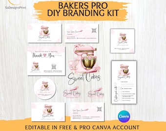 Pink Bakery Branding Kit Canva Templates, Editable Baking Business Logo Packaging Set, Home Baker Business Card, Thank You & Cake Care Card