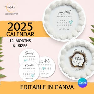 Burn Away Cake Topper Calendar 2025 Template Custom Round Сake Topper 2025 Calendar Printable Birthday Cake Topper Canva Editable Template
