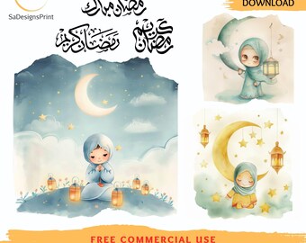 Watercolor Muslim Girl Ramadan Clipart, Arabic Calligraphy (15 PNGs/JPGs)