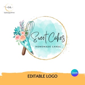 Editable watercolor baking logo for home bakers DIY bakery logo for cake shop, baking utensils logo, baking monogram