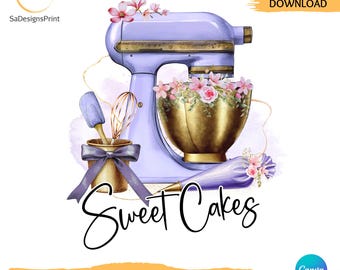 Editable watercolor baking logo for home bakers DIY bakery business logo, standing mixer logo, bakery logo sign, pink purple gold logo 03