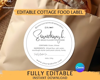 Editable Cottage Food Label Template, Printable Round Sourdough Label, Home Bakery Sticker, Bread ingredients Label Cottage Law Label