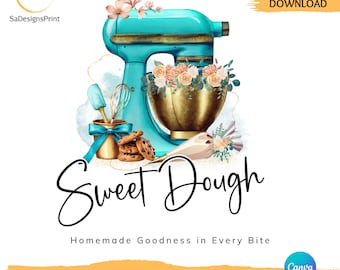Editable cookie logo DIY bakery business logo cake logo standing mixer logo whisk logo baking logo gold baking monogram teal gold logo