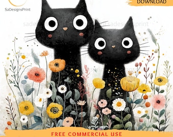 8 Black Cat kitten clipart black watercolor cats images, floral cats high quality png, paper craft, junk journals, scrapbooking elements