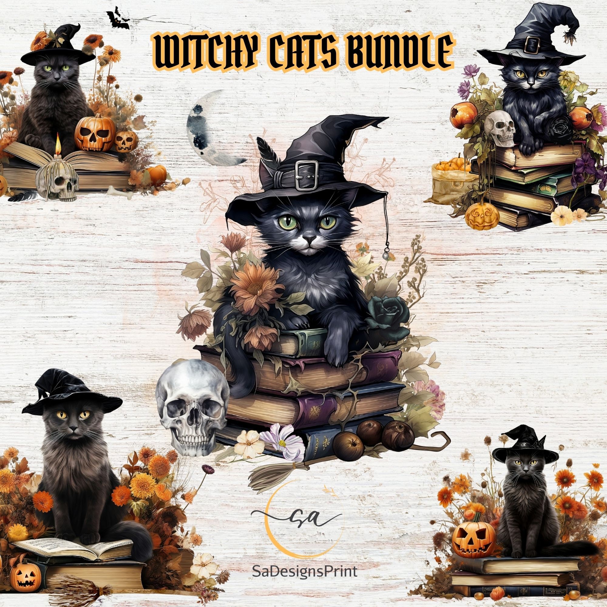 Watercolor Witch Cat Png Bundle Halloween Cats Png With Witchy Vibes ...