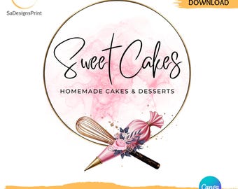 May include: A logo design template for a bakery or dessert shop called "Sweet Cakes". The logo features a pink watercolor background with a gold circle around the text. There are two crossed baking tools, a whisk and a piping bag, with pink and purple flowers.