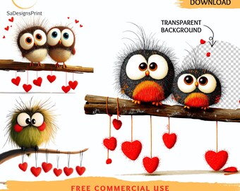 Owl Valentines Day PNGs watercolor love birds clipart digital download, junk journals, papercraft (12 JPG/PNGs)