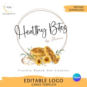Op de afbeelding: Bewerkbaar logo sjabloon voor een bakkerij genaamd "Healthy Bites by Shawna". Het logo heeft een gouden cirkel met de naam van de bakkerij in zwarte cursieve lettertypen. Er zijn twee aquarel illustraties van haverkoekjes met chocolade chips, omringd door zonnebloemen en groen.