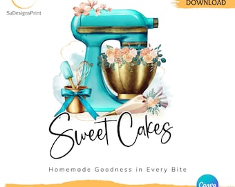 Editable bakery business logo baking logo template cake logo standing mixer logo baking utensils logo gold baking monogram teal gold logo