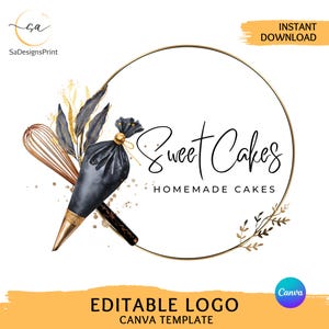 Bewerkbaar aquarel baklogo DIY bakkerij bedrijfslogo gouden garde logo, bakgerei logo, goud bakken monogram zwart goud logo