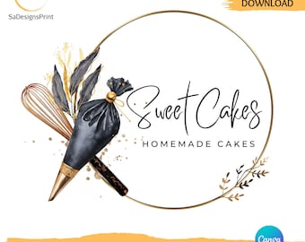 Editable watercolor baking logo DIY bakery business logo gold whisk logo, baking utensils logo, gold baking monogram black gold logo