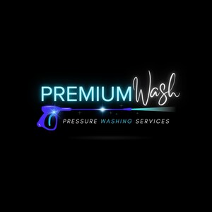 May include: A blue and white logo for a pressure washing service called "PREMIUM Wash". The logo features a stylized pressure washer and the text "PRESSURE WASHING SERVICES".