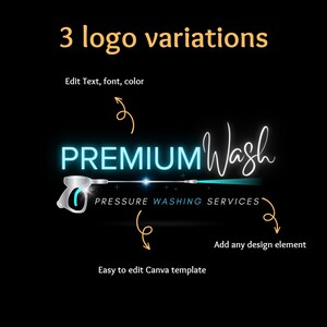 May include: A logo design template for a pressure washing service called "PREMIUM Wash". The logo features a stylized pressure washer with a blue and silver design. The text "PRESSURE WASHING SERVICES" is below the logo.