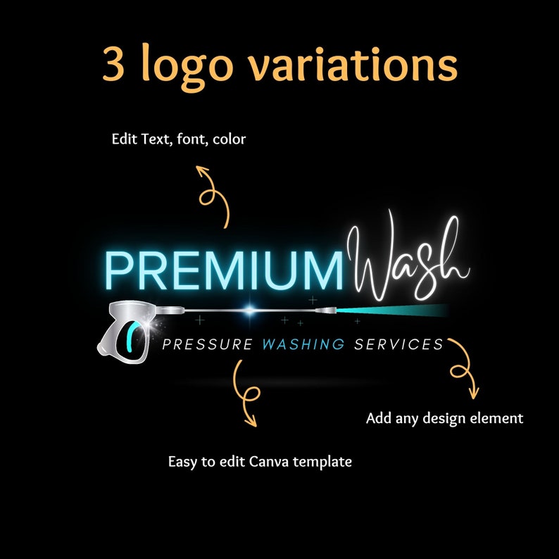 May include: A logo design template for a pressure washing service called "PREMIUM Wash". The logo features a stylized pressure washer with a blue and silver design. The text "PRESSURE WASHING SERVICES" is below the logo.