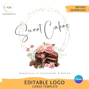 Editable watercolor baking logo DIY bakery business logo floral cake logo, home baker logo, cake baking monogram chocolate cake logo