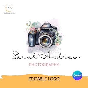 May include: Editable logo design for a photography business. The logo features a watercolor illustration of a camera with flowers and greenery. The text "Sarah Andrew PHOTOGRAPHY" is written in a cursive font below the camera.