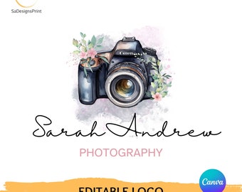 Editable premade Photography Logo and Watermark Premade Floral Camera Logo photographer Logo canva template Vintage Camera Logo