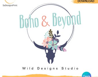 Boho Logo Canva Template Editable Western Cow Skull Logo Floral Boho Business Logo Rustic Feminine Boutique Logo DIY Small Business logo