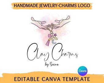 Editable Clay Charm Logo Template, Premade Canva Logo for Clay Jewelry Maker, Watercolor Hands Charm Keychain Logo, DIY Craft Shop logo