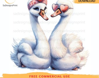 Swan Valentines Day PNGs watercolor love birds clipart digital download, junk journals, scrapbooking (15 JPG/PNGs)