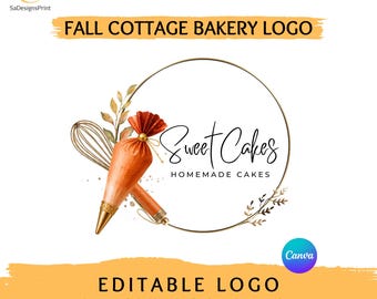 Bakery Logo Canva Template Editable Homemade Cake Business Branding, Watercolor Piping Bag Whisk Logo fallout design cottage bakery brand