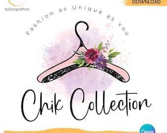 Puede incluir: Plantilla de logotipo editable para una marca de ropa llamada "Chik Collection". El logotipo presenta una percha rosa con un diseño floral y el texto "Fashion as Unique as You".