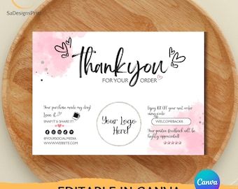 Pink Business Thank You Insert card editable Canva Template Modern Pink CANVA Insert Card Packaging Thank You For Your Order Add Logo