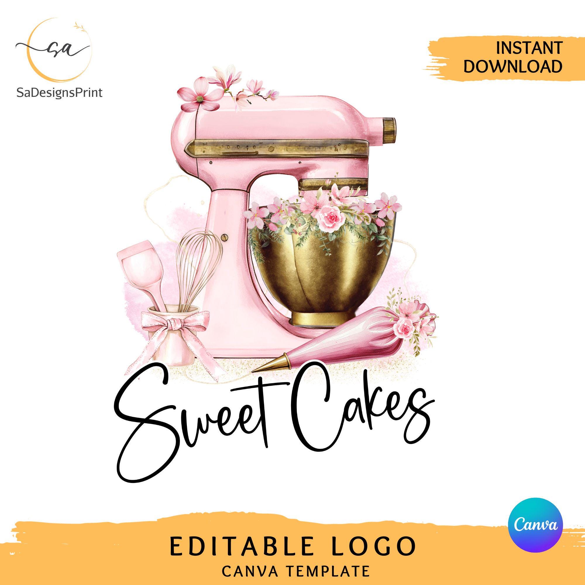 Editable watercolor baking logo for home bakers DIY bakery business logo, standing mixer logo, gold baking monogram pink gold logo